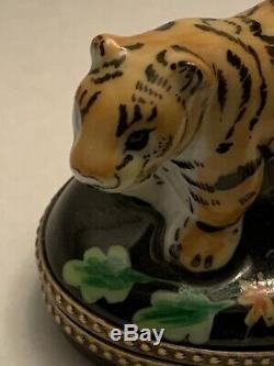 Rochard Limoges France trinket box Hand Painted. Tiger And Floral With Deer Clasp