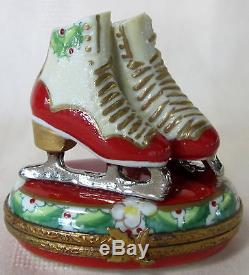 Rochard Limoges Ice Skates Holly Box Hand Painted France Bnib Porcelain Hinged