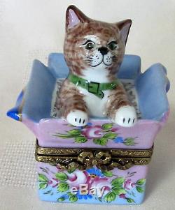 Rochard Limoges Kitten In Box Hand Painted France Bnib Porcelain Hinged F/s
