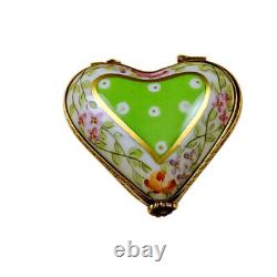 Rochard Limoges Peint Main Hand painted Trinket Box Green Heart withFlowers