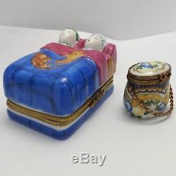 Rochard Limoges Peint Main Porcelain Trinket Box 2 Couple Bed & Cape Cod Basket
