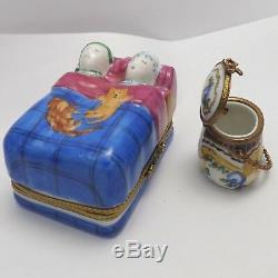Rochard Limoges Peint Main Porcelain Trinket Box 2 Couple Bed & Cape Cod Basket
