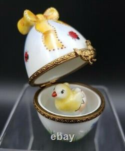 Rochard Limoges Peint Main Ribbon Egg With Chick Trinket Box MINT