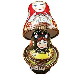 Rochard Limoges Russian Dolls Nesting with Red Scarf Trinket Box