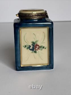 Rochard Limoges Tea Tin Hinged Trinket Box Peint Main France Blue Floral Rare