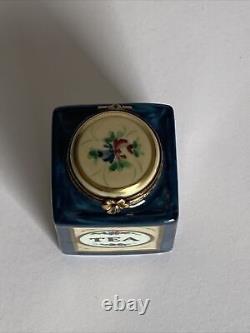 Rochard Limoges Tea Tin Hinged Trinket Box Peint Main France Blue Floral Rare