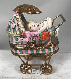 Rochard Limoges Trinket Box Baby Carriage Pram Stroller with Parisol 513