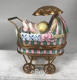 Rochard Limoges Trinket Box Baby Carriage Pram Stroller with Parisol 513