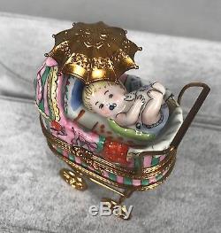 Rochard Limoges Trinket Box Baby Carriage Pram Stroller with Parisol 513