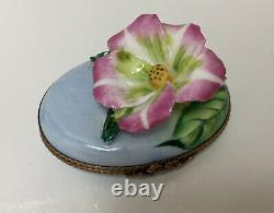 Rochard Peint Main Limoges Trinket Box Oval Flower with Raised Blossom 2.75