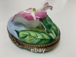 Rochard Peint Main Limoges Trinket Box Oval Flower with Raised Blossom 2.75