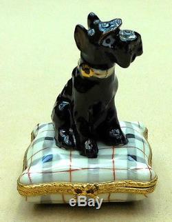 Scottie Terrier, Black On Plaid Pillow, Authentic Limoges-france Item #35-211