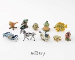 Set of 10 Jeweled Enamel Animal Trinket Boxes Bird Fish Zebra Frog Egg Crab Duck