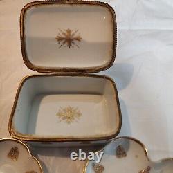 Signed LIMOGES TRINKET BOX AND TWO TRINKET PLATES WHITE GOLD NAPOLEONIC BEES