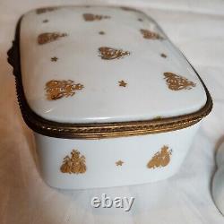 Signed LIMOGES TRINKET BOX AND TWO TRINKET PLATES WHITE GOLD NAPOLEONIC BEES