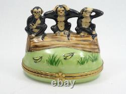 Signed Limoges 3 Wise Monkey See, Hear Speak No Evil Trinket Box