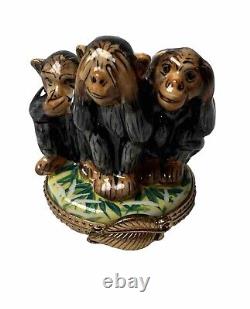 Sinclair Limoges France Peint Main Porcelain Trinket Box Three Monkeys