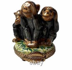 Sinclair Limoges France Peint Main Porcelain Trinket Box Three Monkeys