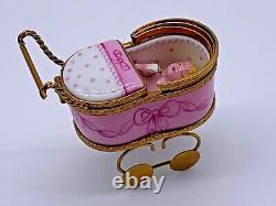 Superb Rare Limoges France Baby Doll in Pink and Gold Stroller Trinket Box