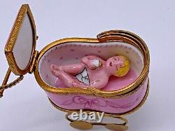 Superb Rare Limoges France Baby Doll in Pink and Gold Stroller Trinket Box