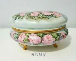 T&V Porcelain Limoges Hand Painted Pink Roses Large Footed Trinket Box 8