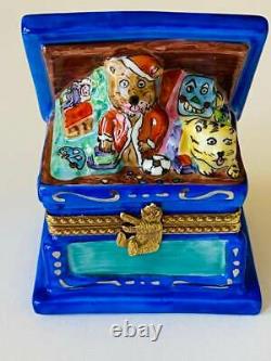 TEDDY BEAR SANTA TOY CHEST Limoges-Hand Painted Trinket Box -Retired MINT