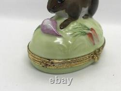 TIFFANY Limoges France Peint Main Bunny Rabbit w Carrot Porcelain Trinket Box