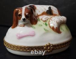 Tiffany Limoges King Charles Cavalier Spaniel Dog & Bone Trinket Box