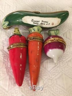VINTAGE LIMOGES Porcelain Hand Painted Boxes Hot Pepper, Radish, Peas Pod, Carrot