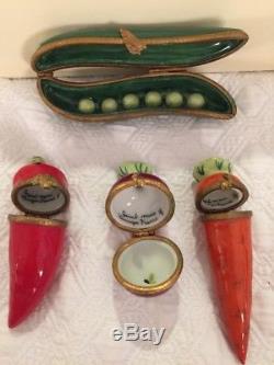 VINTAGE LIMOGES Porcelain Hand Painted Boxes Hot Pepper, Radish, Peas Pod, Carrot