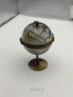 VINTAGE Limoges Trinket Box Peint Main Sailing Ship Globe On Stand w Gun Clasp