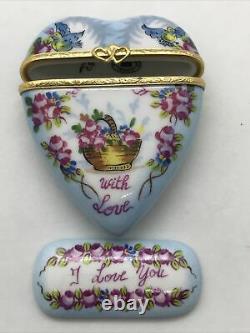 VTG Atelier Limoges France Peint Main Heart Trinket Box w Love Notes Signed FL