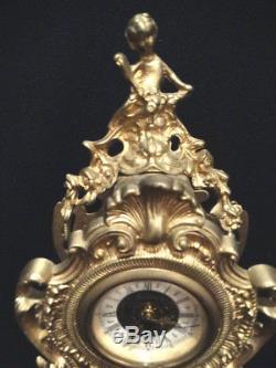 Vintage 3 Piece French Style Matte Brass Painted Spelter Clock & Candelabra Set