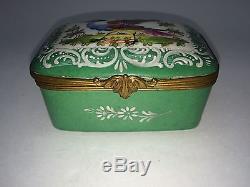 Vintage Antique Limoge Green Porcelain French Hand Painted Peacock Trinket Box