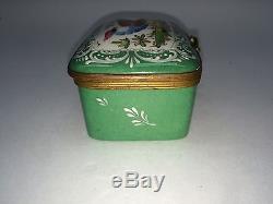 Vintage Antique Limoge Green Porcelain French Hand Painted Peacock Trinket Box