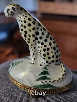 Vintage French Limoges Snow Leopard Cat w Trees Trinket Box Peint Main Initials