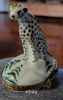 Vintage French Limoges Snow Leopard Cat w Trees Trinket Box Peint Main Initials