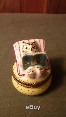 Vintage Hand-painted Adorable Night-owl Reading Book Rochard Limoges Trinket Box