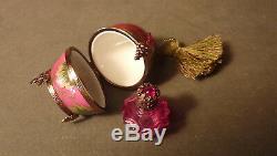 Vintage Hand-painted Jeweled Red Grapes Egg W Perfume Bottle Limoges Trinket Box
