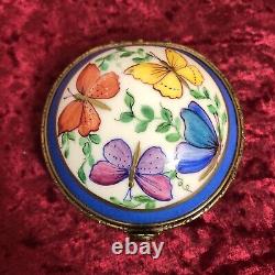 Vintage Handpainted Limoges France Round Trinket Box Butterflies? Mirrored Lid