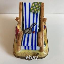 Vintage LIMOGES Box Striped Beach Chair Bucket Racket PEINT MAIN Surprise Inside