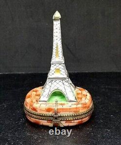 Vintage LIMOGES France Peint Main EIFFEL TOWER Trinket Box Flag Inside