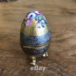 Vintage LIMOGES Hand Painted Gold & Silver Egg Trinket Box Flowers Floral