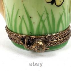 Vintage LIMOGES Peint Main Porcelain Hinged Trinket Box Green FROG Signed N. C