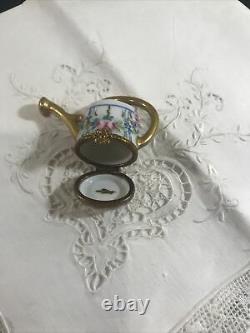 Vintage LIMOGES Peint Main Porcelain Hinged Trinket Box WATERING CAN Signed