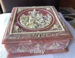 Vintage Large Sizes Genuine Incolay Stone Trinket Jewelry White & Pink Box