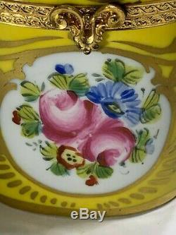 Vintage Limoge France Hand Painted Large Oval Floral & Yellow Color Trinket Box