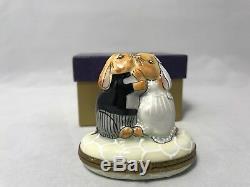 Vintage Limoges-Chanille-Peint Main-Bride/Groom Bunny Rabbits Trinket Box