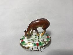 Vintage Limoges-Charmart-Peint Main-Porcelain Christmas Deer/Fawn Trinket Box