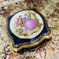 Vintage Limoges Cobalt Blue And Gold Porcelain Jewelry Trinket Box